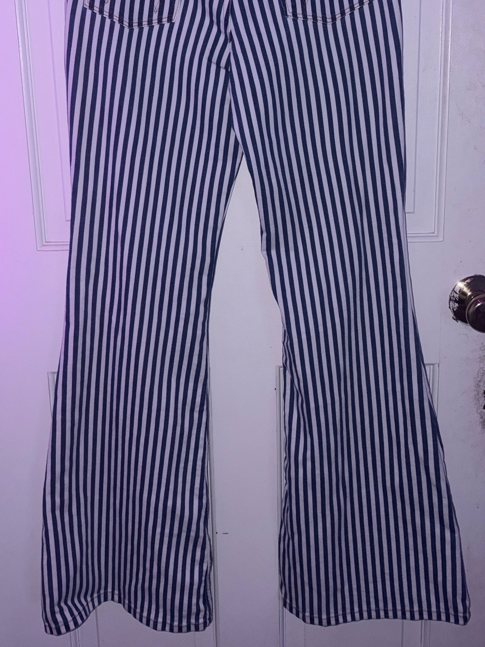 Wrangler Navy and White Vertical Stripe High-Rise Bell Bottom Jeans - Picture 2 of 6